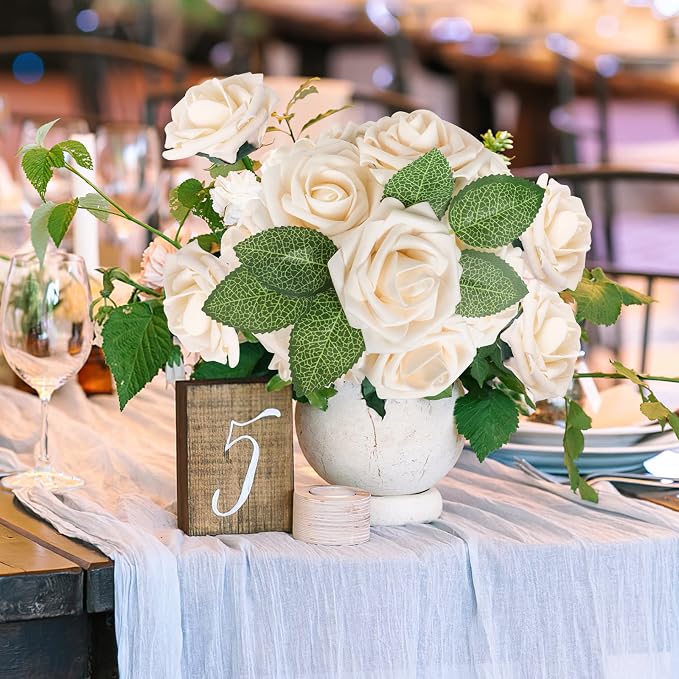 AmyHomie Artificial Flowers Champagne Rose 50pcs Real Looking Fake Roses w/Stem - Image 4