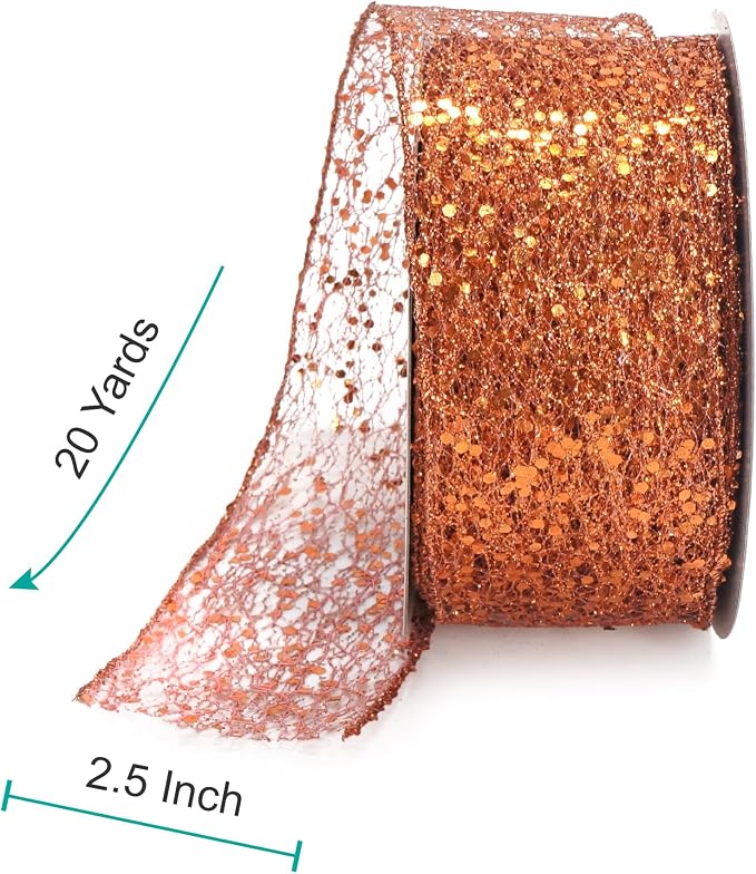 CT CRAFT LLC Sparkling Glitter Mesh Wired Ribbon 2.5" x 20 Yards Bronze Orange - Image 2