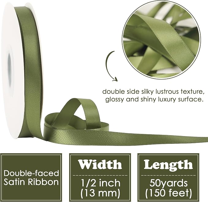 HUIHUANG Moss Green Satin Ribbon 1/2 inch X 50 Yards Continuous, DIY Crafts - Image 2