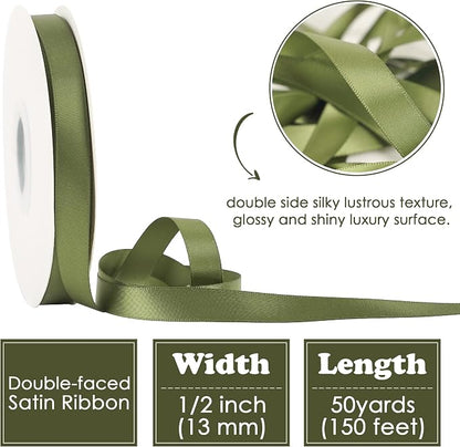 HUIHUANG Moss Green Satin Ribbon 1/2 inch X 50 Yards Continuous, DIY Crafts - Image 2