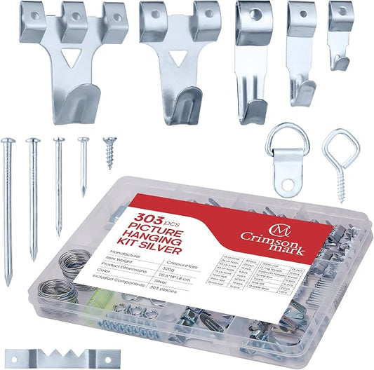 303-Piece Picture Hanging Assortment, Heavy Duty Hooks, and Metal Wall Hooks by CrimsonMark