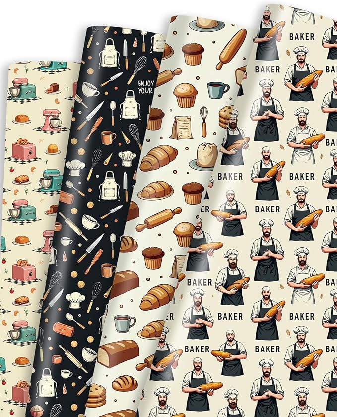 Pineraap 12 Sheets Baking Theme Wrapping Paper, Cute Baker Design Gift Wrap by Pineraap