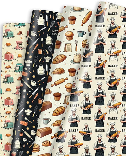 Pineraap 12 Sheets Baking Theme Wrapping Paper, Cute Baker Design Gift Wrap by Pineraap