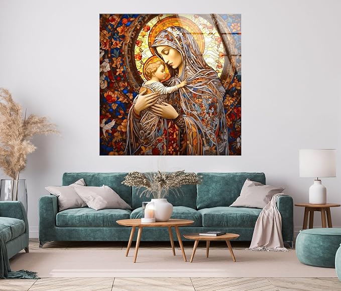 My Photostation.com Round 24'' Jesus and Virgin Mary Glass Wall Art Tempered - Image 5