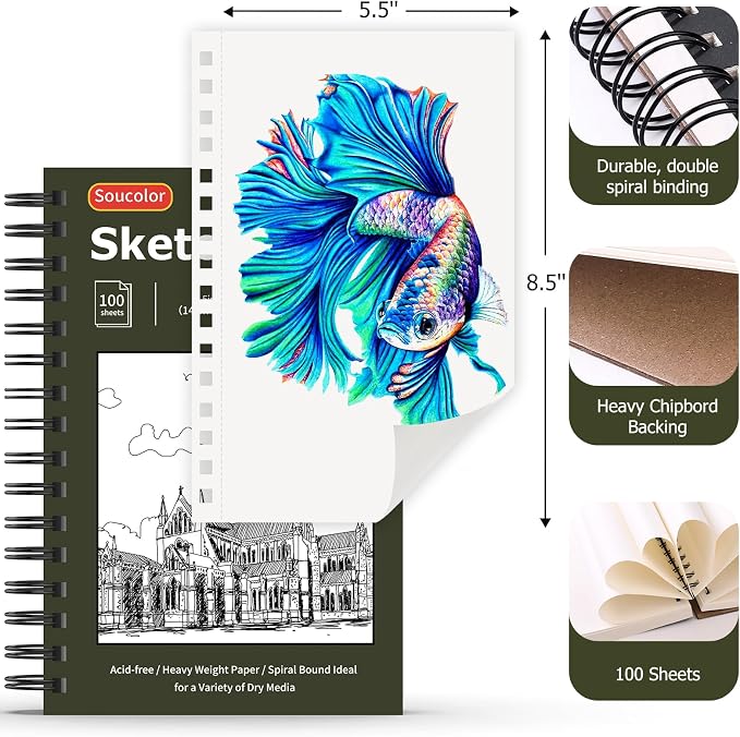 Soucolor 5.5" x 8.5" Sketchbook Pack of 2, 200 Sheets Blank Journal Notebook - Image 4