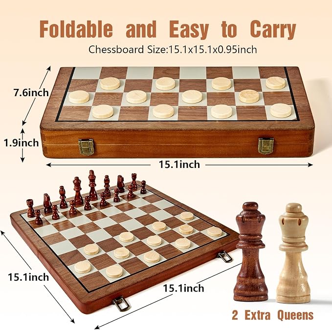 MerryPony 2 in 1 Magnetic Wooden Chess and Checkers Set, Chess Board - Image 6