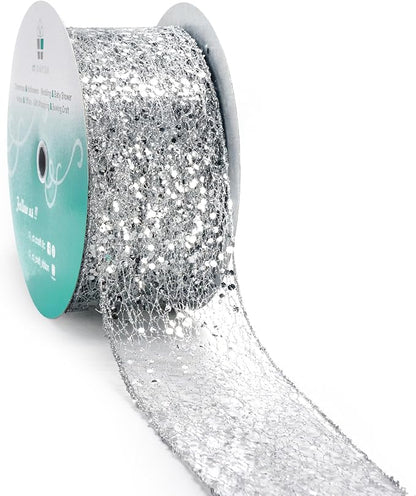 CT CRAFT LLC Sparkling Glitter Mesh Wired Ribbon 2.5" x 20 Yards Silver by CTCRAFTLLC