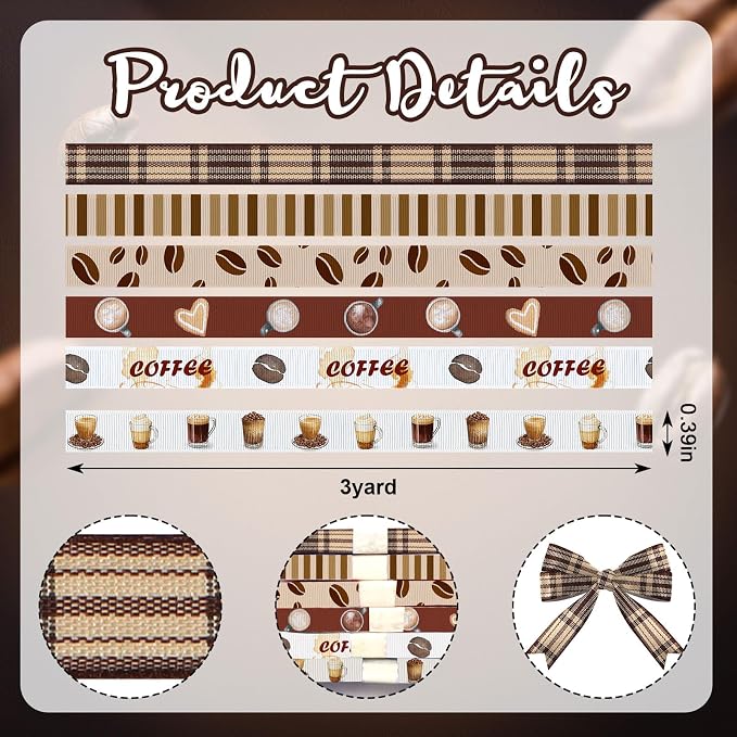 6 Rolls 18 Yards Fall Coffee Ribbons - Image 2