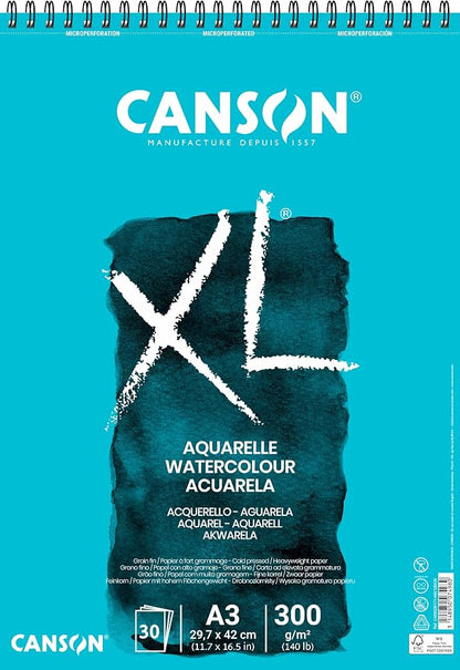 Canson XL Watercolour 300gsm A3 Paper, Cold Pressed, Spiral Pad Short Side by Canson