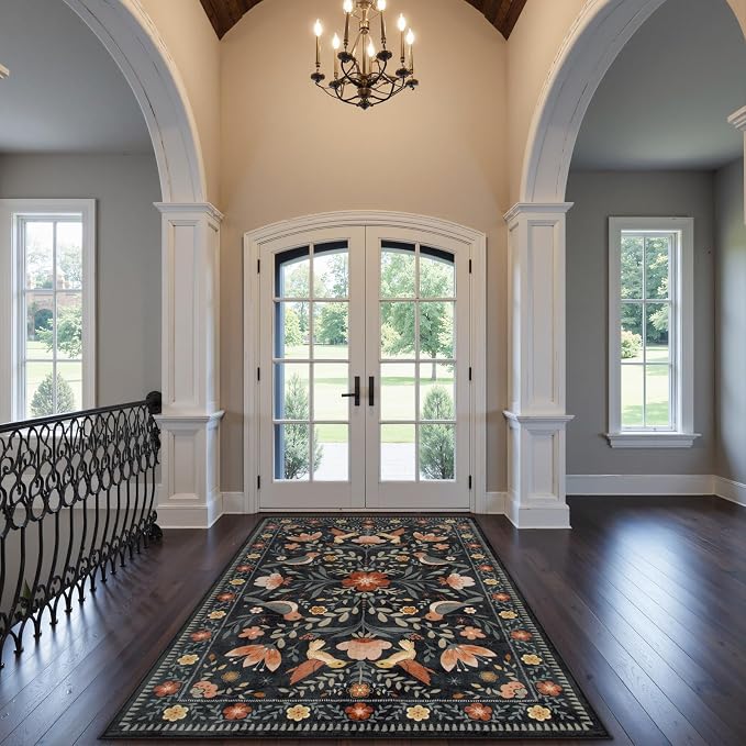 Morebes Washable Black Floral Rug 5x7, Flower Birds Area Rugs - Image 8
