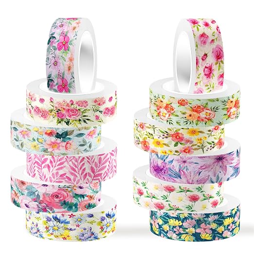 12 Rolls Flower Washi Tape Set, Floral Masking Tape, Spring Colorful Garden by Unknown