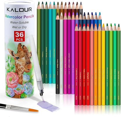 KALOUR Watercolor Pencils with Brush, 36 Colors, Blendable Wet or Dry by KALOUR