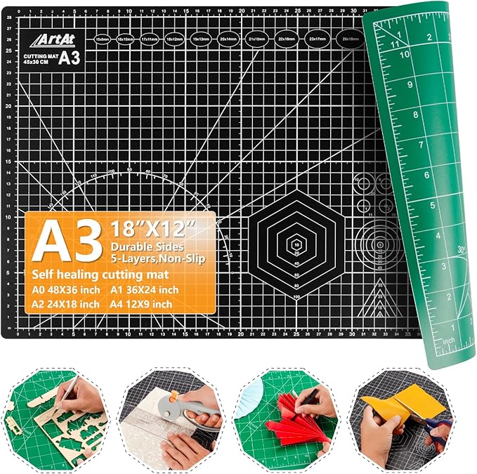 ArtAt Self Healing Cutting Mat: 12inch x 18inch Double Sided 5-Ply Fabric by ArtAt