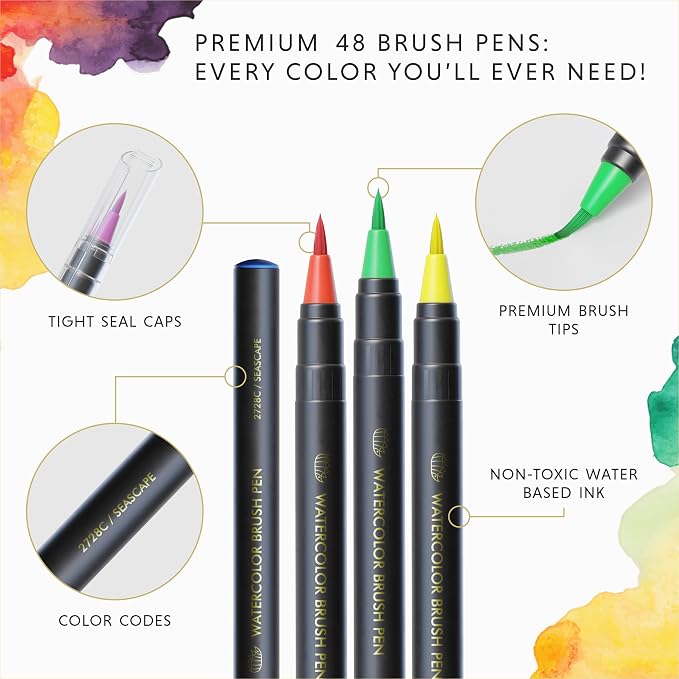 DOODLE HOG 48 Premium Watercolor Pens +2 Highly Blendable Markers, Real Brush - Image 3