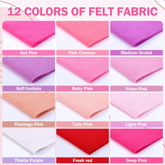 12 Rolls 8"x35" 1.4mm Thick Soft Felt Fabric Sheet 12 Assorted Pink Series - Image 3