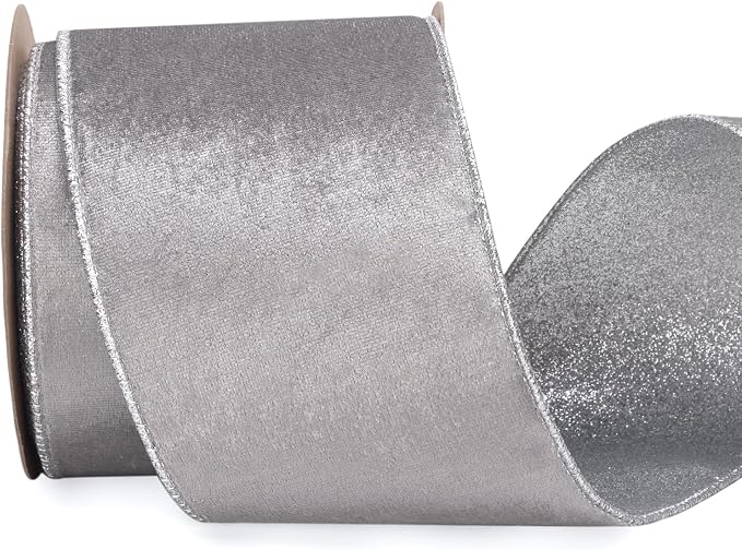 Ribbli Velvet Wired Ribbon 4 Inch Silver Velvet by Ribbli