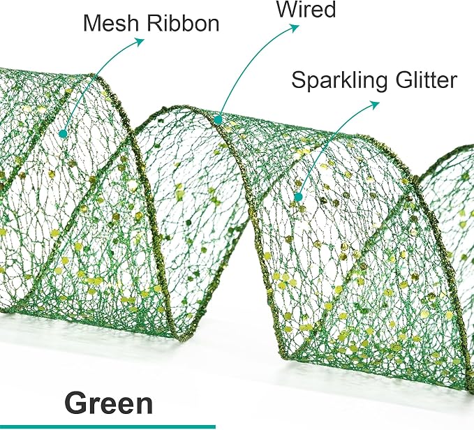 CT CRAFT LLC Sparkling Glitter Mesh Wired Ribbon 6" x 10 Yards Green - Image 3