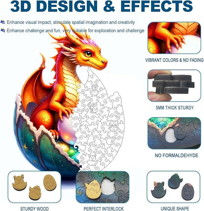 Wooden Jigsaw Puzzles for Adults and Kids, Dragon Hatchling 200 Piece Unique - Image 3