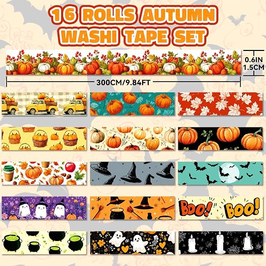 Halloween Washi Tape Set 16 Rolls, Fall & Spooky Decorative Tape, Autumn Washi - Image 2