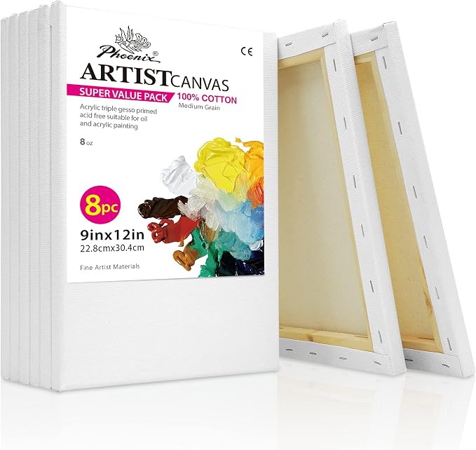 PHOENIX Stretched Canvas for Painting 9x12 Inch/8 Value Pack, 8 Oz Triple by PHOENIX