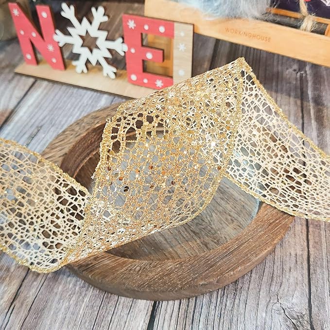 CT CRAFT LLC Sparkling Glitter Mesh Wired Ribbon 2.5" x 10 Yards Champagne Gold - Image 9