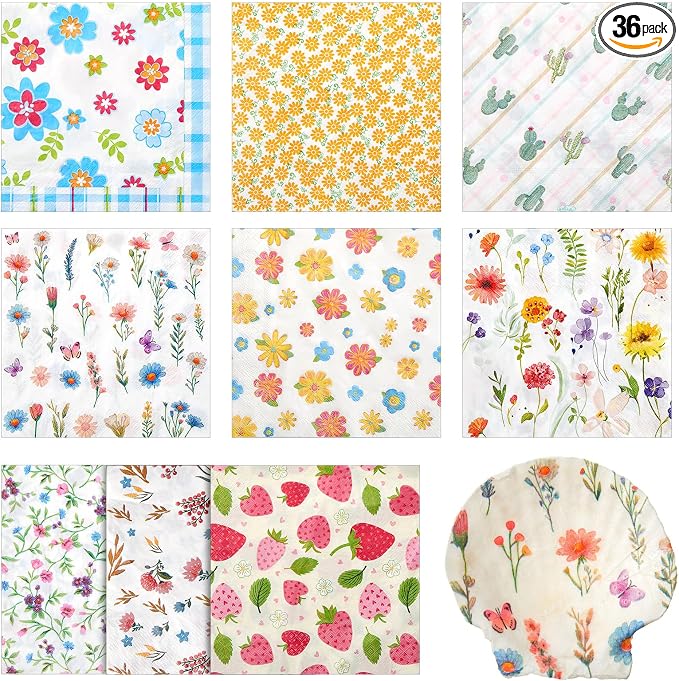 Crtiin 36 Pack 9 Styles Decoupage Napkins Assorted Floral Decorative Decoupage by Crtiin