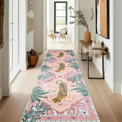 Oriental Tropical Hallway Runner Rug 2x6 Washable, Thin Stain Resistant Pink by Aldopein