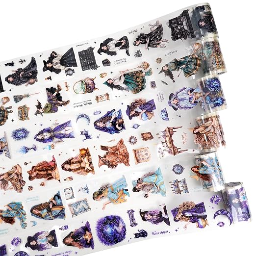 Magic-Themed PET Sticker Tape Set – 6 Rolls Pre-Cut Fantasy Witch Designs by Auriicleaf