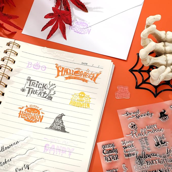 Whaline 4 Sheets Halloween Clear Stamps Greeting Words Pumpkin Bat Silicone - Image 5