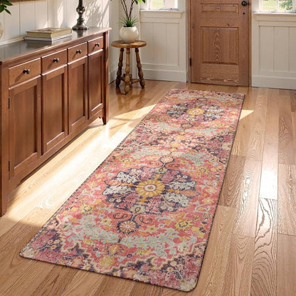 Lahome Bohemian Washable 2x5 Hot Pink Kitchen Runner Rug, Non Slip Bathroom by Lahome
