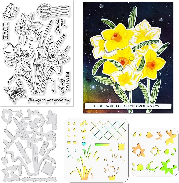 ORIGACH Realistic Daffodil Flower Stamps and Dies and Layering Coloring Stencil by ORIGACH