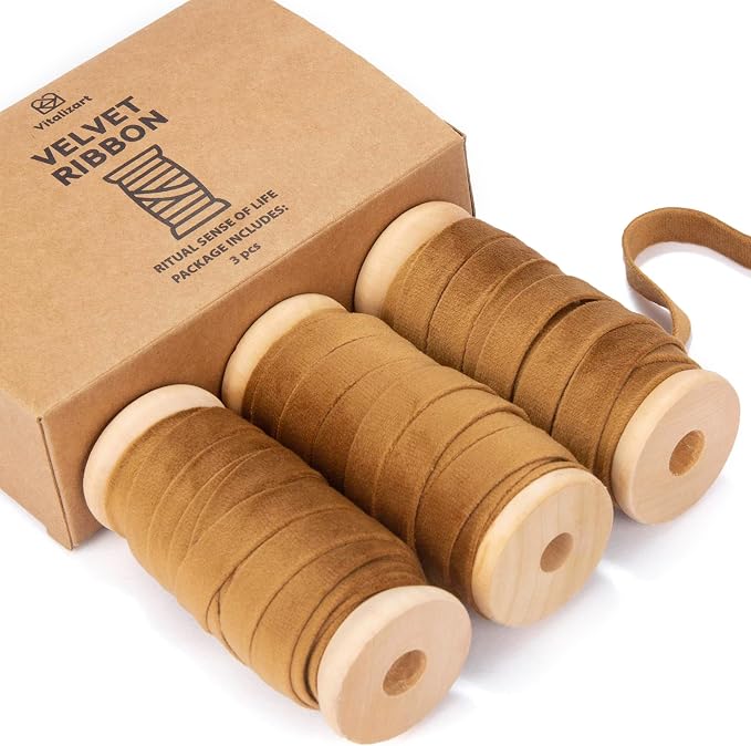 Vitalizart Khaki Velvet Ribbon Set 3/8" x 15 Yd Fall Ribbon Fabric Trim 3 Rolls by Vitalizart