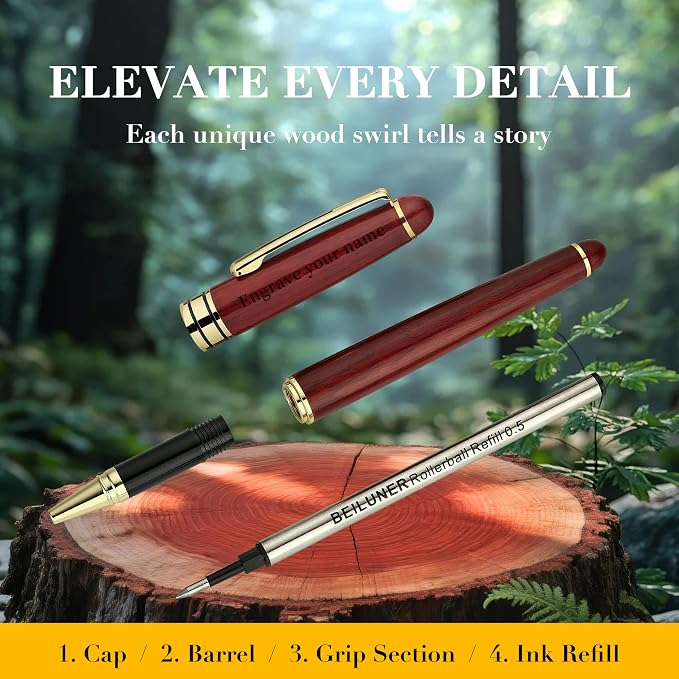 BEILUNER Luxury Personalized Wood Ballpoint Pen Writing Set, Rosewood-Elegant - Image 7