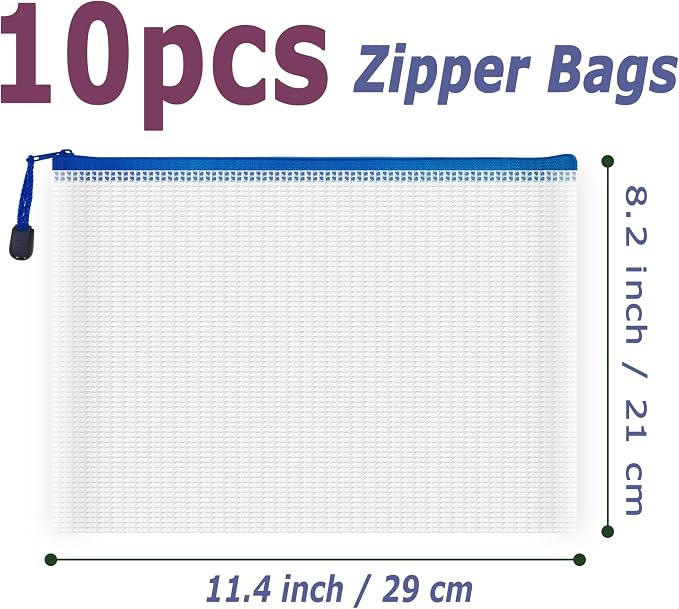 AUSTARK 10 Pcs Zipper File Bags, Waterproof Plastic Mesh Pouch - Image 2
