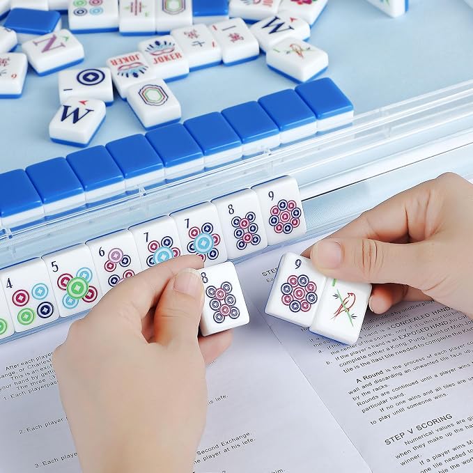 American Mahjong Tile Set, 166 Tiles White Blue Acrylic Carving Tiles, Mahjong - Image 7