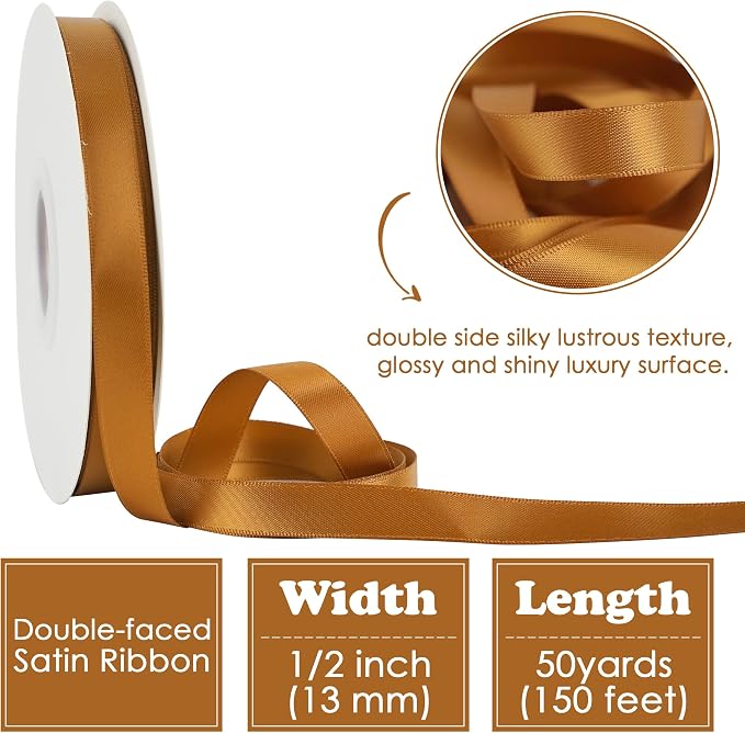 HUIHUANG Copper Satin Ribbon 1/2 inch X 50 Yards Continuous, Bronze - Image 2