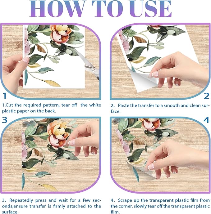 GLOBLELAND 4 Sheets Spring Peony Flowers Furniture Transfer 11.8x5.9inch - Image 6