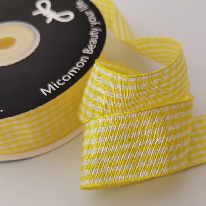 Yellow and White Gingham Ribbon Christmas Ribbon 25 Yards Each Roll 100% - Image 6