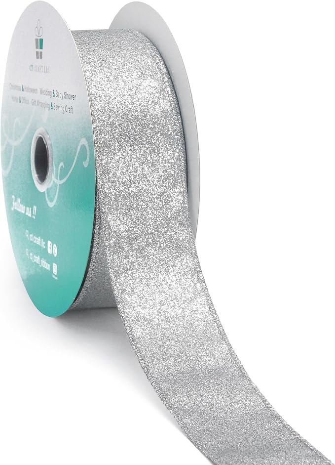CT CRAFT LLC Glitter Wired Ribbon 1.5" x 20 Yards Silver by CTCRAFTLLC