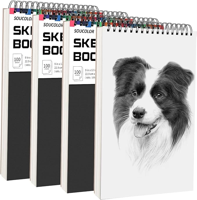Soucolor Artist 9x12 Sketch Book Set, 4 Pack 100-Sheet Spiral Drawing Pads | by Soucolor
