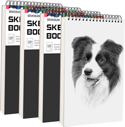 Soucolor Artist 9x12 Sketch Book Set, 4 Pack 100-Sheet Spiral Drawing Pads | by Soucolor