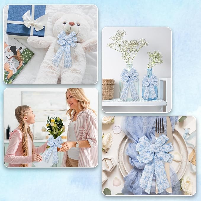 Blue Floral Bow Wired Edge Ribbon Chinoiserie Flower Bowknot Fabric Ribbon - Image 7