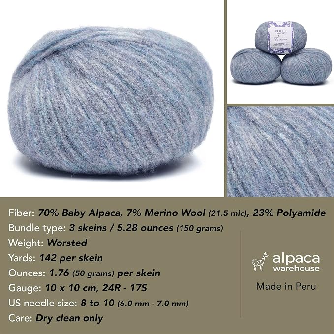 Pullu - Baby Alpaca Merino Wool Yarn Set of 3 Skeins Worsted Weight - Sourced - Image 3