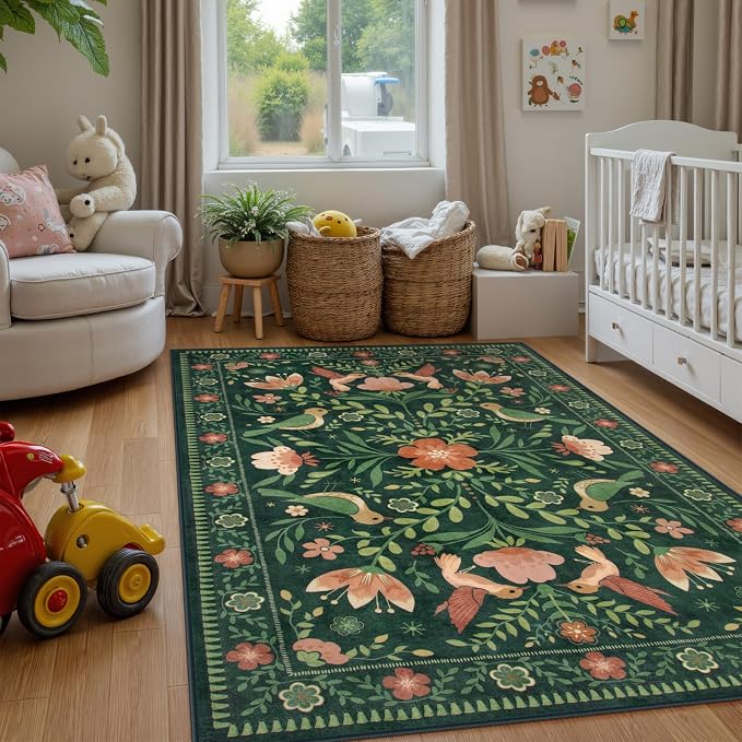 Morebes Washable Floral 5x7 Green Area Rug - Image 2