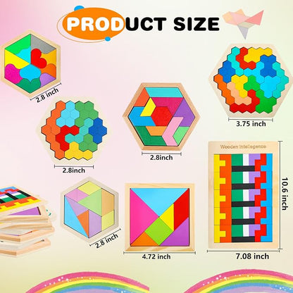7 Pack Wooden Tangrams Puzzle Set Wooden Hexagon Puzzles Wood Russian Blocks - Image 2