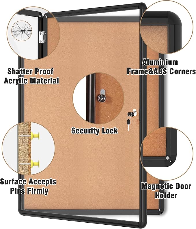 38"x28" Enclosed Bulletin Board, Lockable Weather-Resistant Aluminum Cork - Image 3