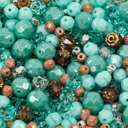 0.9 oz Gentle Mix of Faceted Fire Polished Czech Glass Beads 4-9mm, Teal by CzechBeadsManufacturer