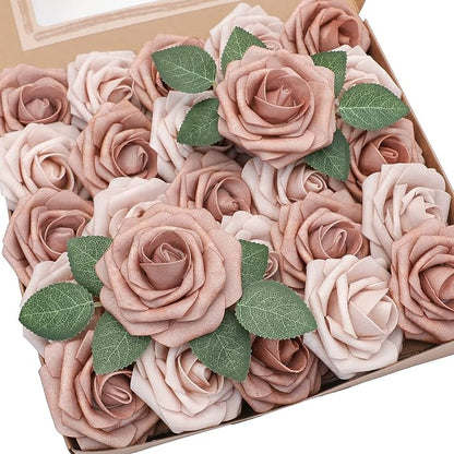 Floroom Artificial Flowers 25pcs Real Looking Warm Taupe & Nude Foam Fake Roses by Floroom