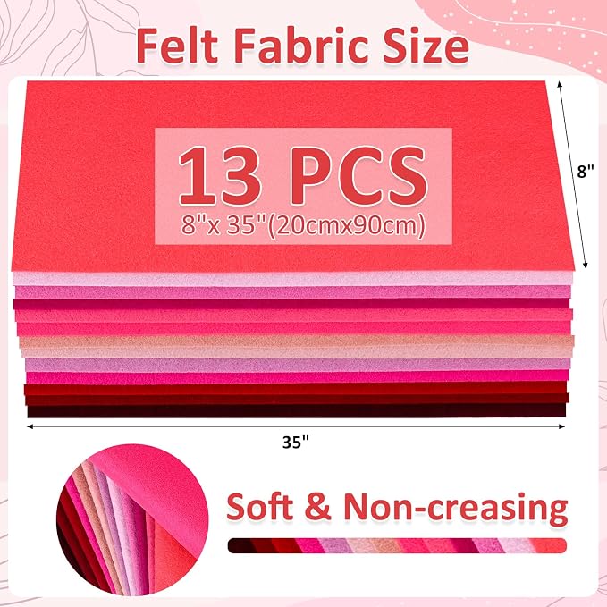 XSEINO 13 Rolls 8"x35" 1.4mm Thick Soft Felt Fabric Sheet 13 Assorted Red - Image 3
