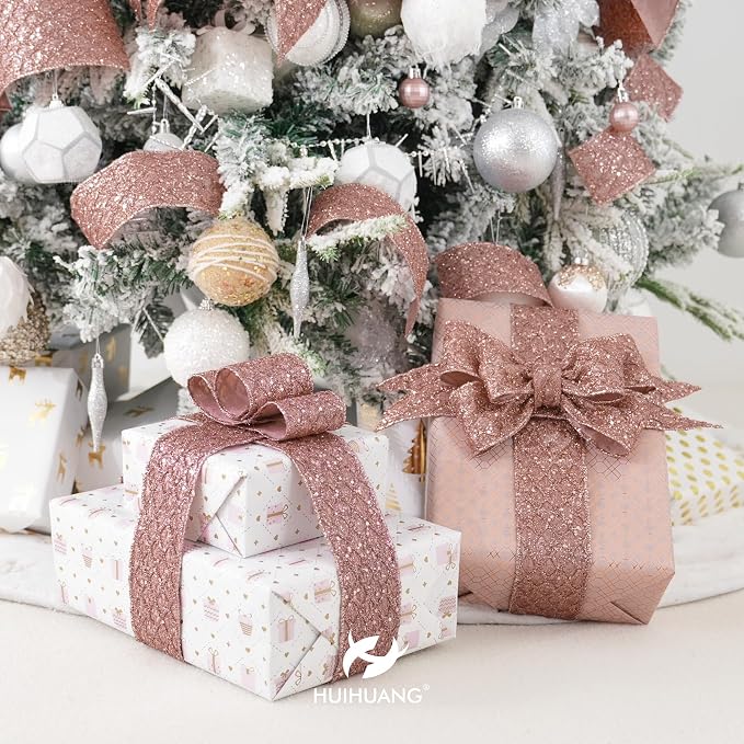 HUIHUANG Rose Gold Glitter Wired Ribbon - Image 4